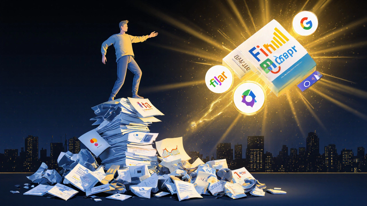 Человек поднимается над устаревшими инструментами дизайна к новым технологиям в золотом свете.