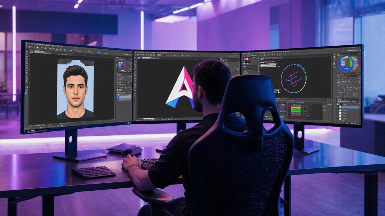 Дизайнер за столом с тремя мониторами, показывающими Photoshop, Illustrator и Figma.