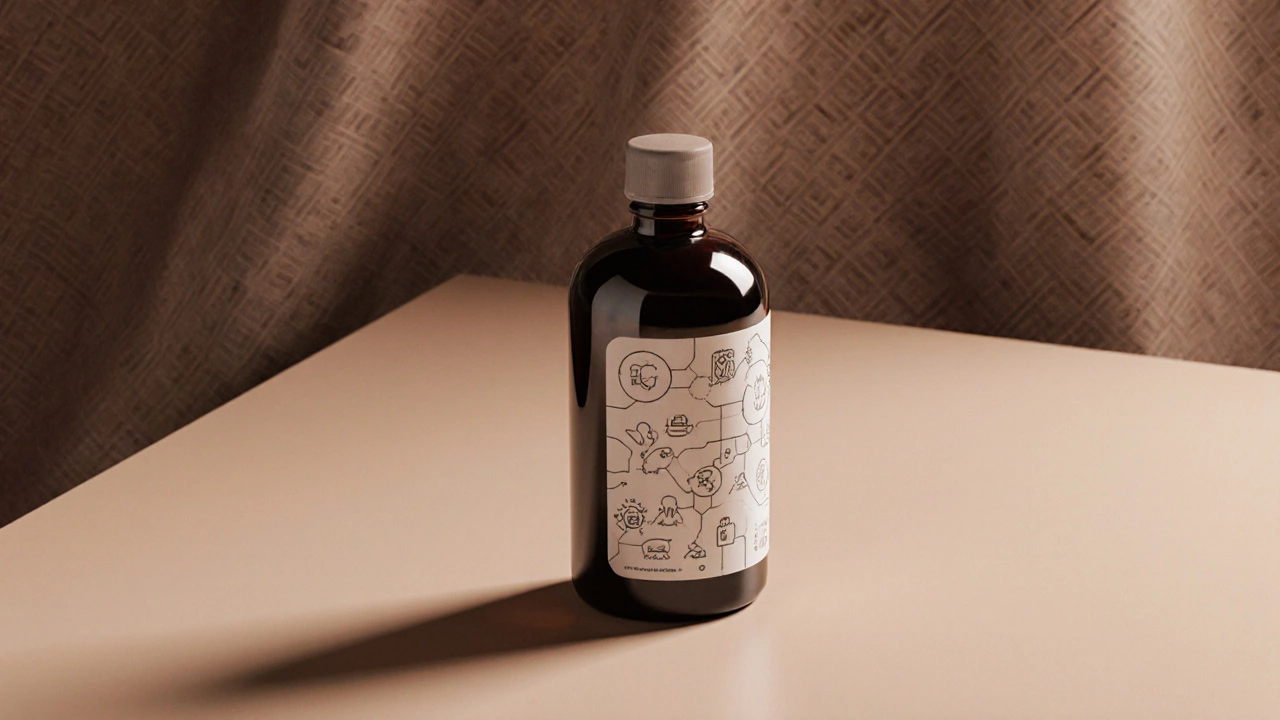 Фотореалистичный рендер упаковки с 3D‑бутылкой и AI‑паттерном.