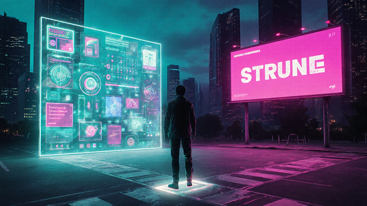 Гибридный дизайнер стоит между интерактивным экраном и рекламным билбордом, объединяя обе роли.