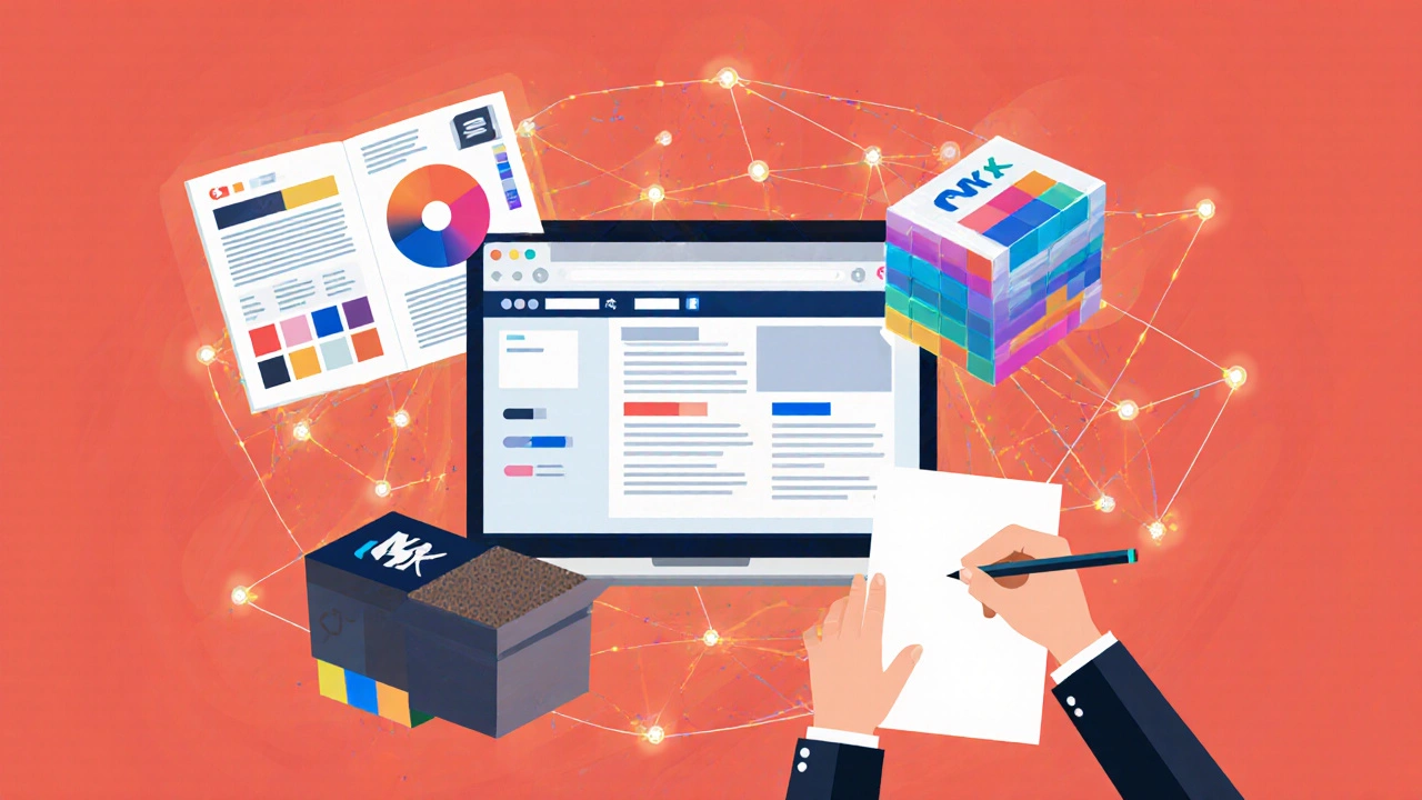 Рабочее место дизайнера с элементами веб-дизайна, печати и логотипа, соединёнными световыми линиями.