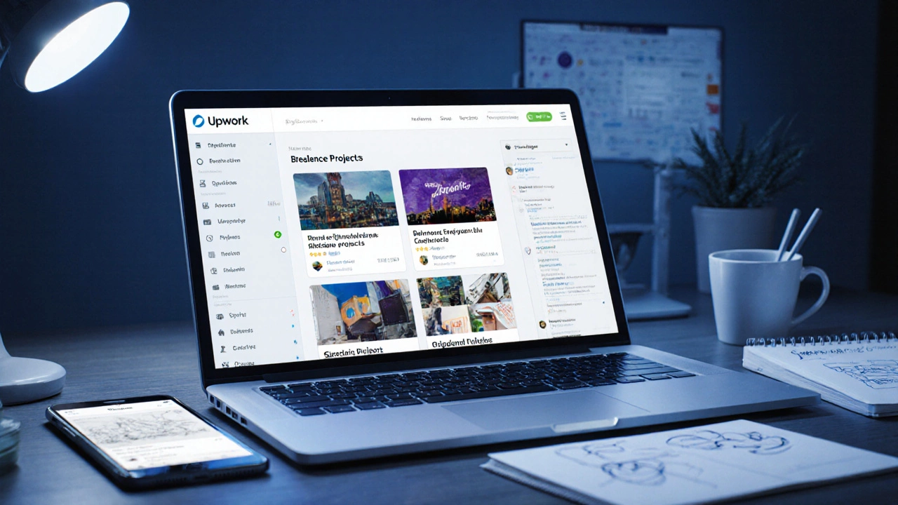 Рабочий стол с ноутбуком, показывающим UI Upwork, Behance и Dribbble, профессиональная обстановка.