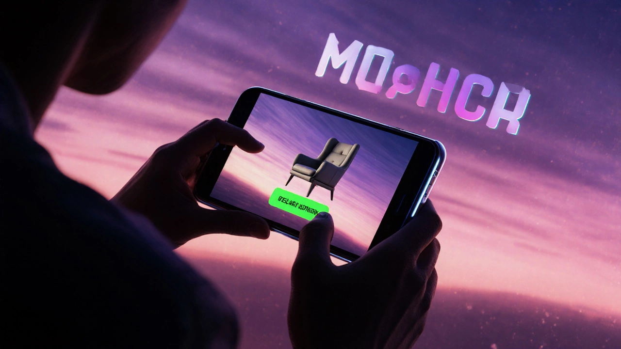 Смартфон показывает 3D‑модель продукта в AR на фоне градиентного неба с динамичной типографикой.