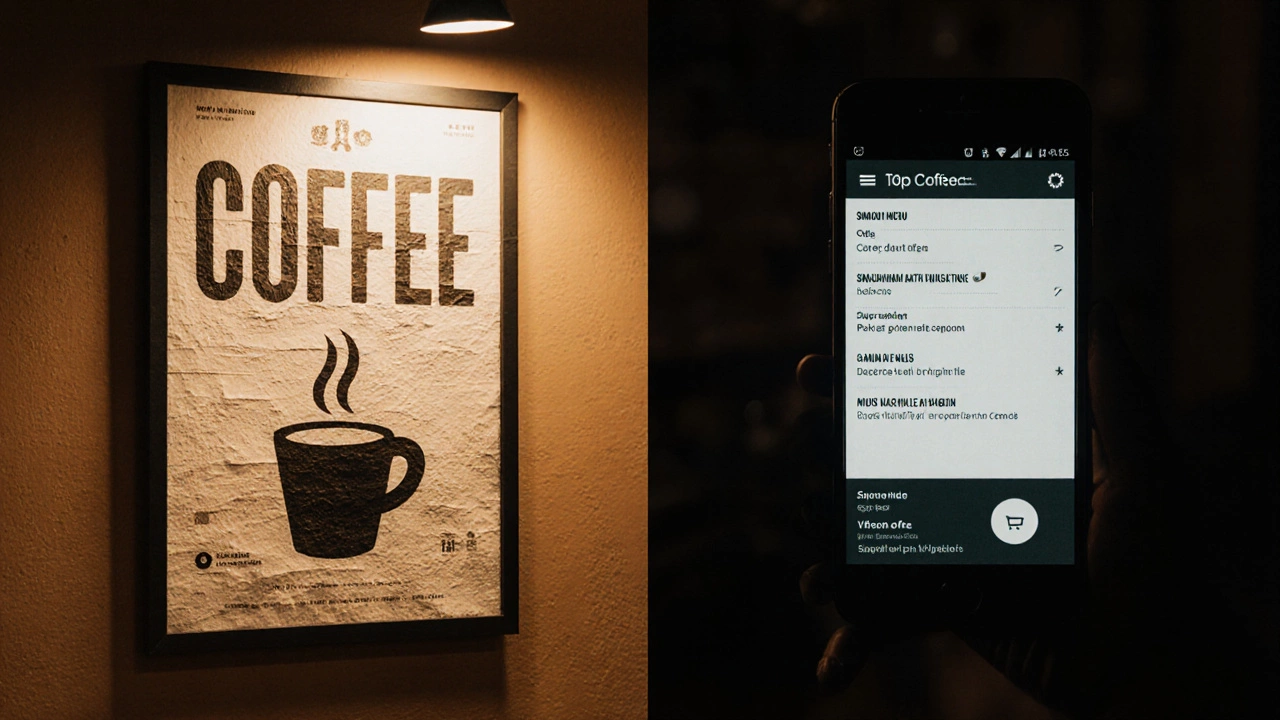 Сравнение печатного плаката и веб-сайта кофейни: слева — бумага и чернила, справа — цифровой интерфейс.