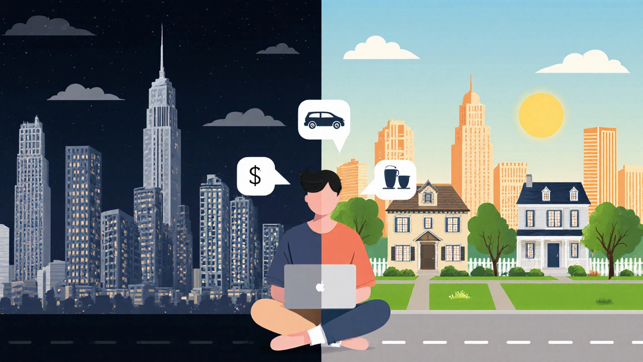 Сравнительный вид: нью‑йоркский и остинский горизонты, дизайнер работает за ноутбуком.