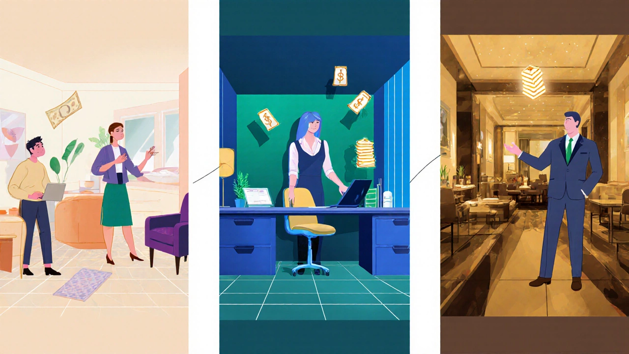 Три дизайнера разных уровней: начинающий в квартире, средний в офисе, старший в роскошном лобби.