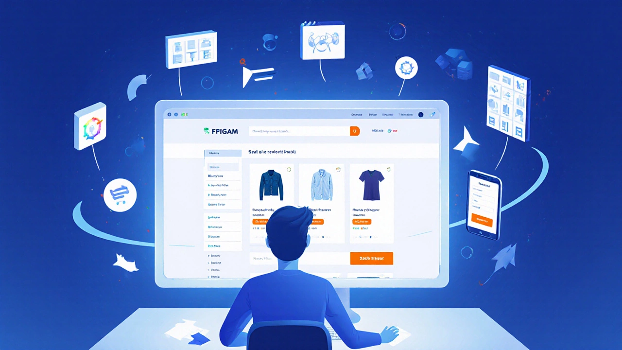 Веб-дизайнер проектирует интерактивный сайт одежды на мониторе с предпросмотром для мобильных устройств.