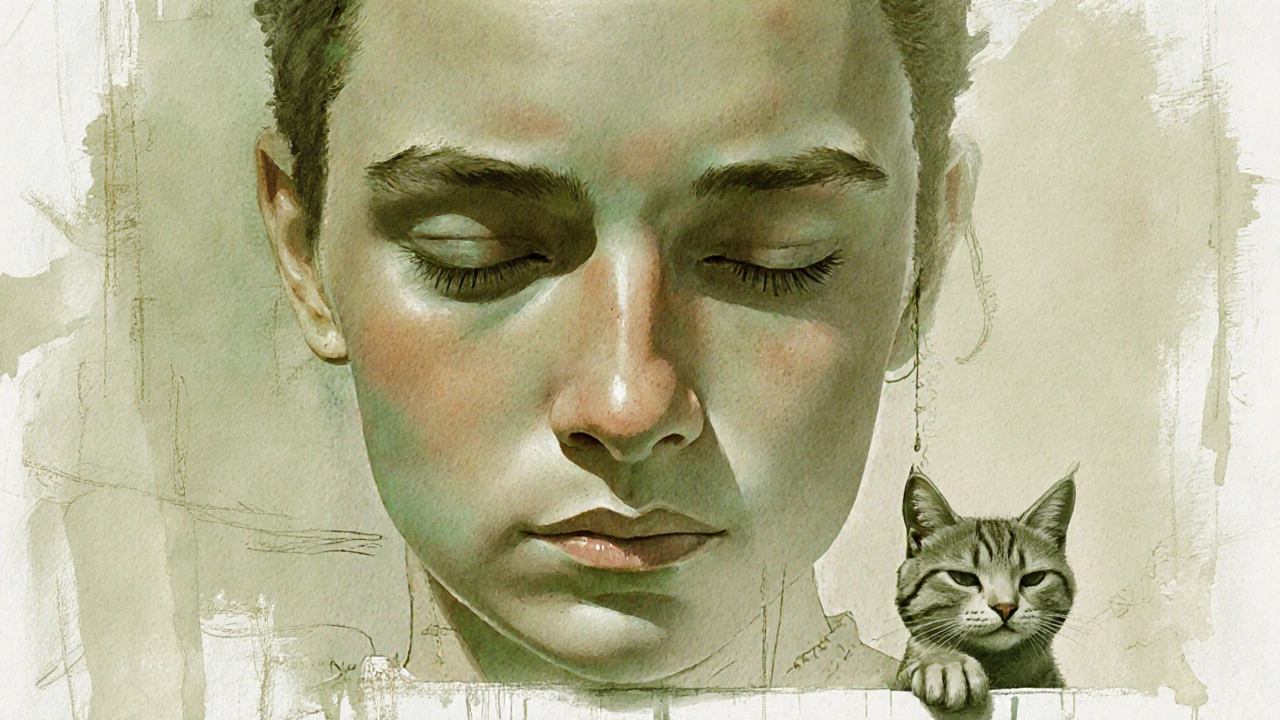 Асимметричная композиция: крупное лицо в центре, кот в углу, выходит за рамки.