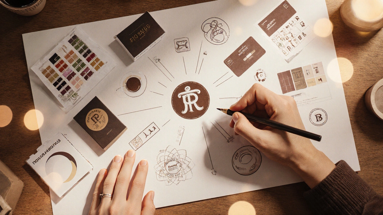 Бренд-дизайнер создает визуальную систему для кофейни с цветами, шрифтами и иконками.