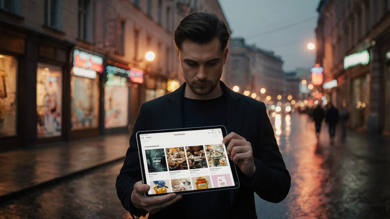 Дизайнер идет по городу с планшетом, показывающим его работы для местных бизнесов.