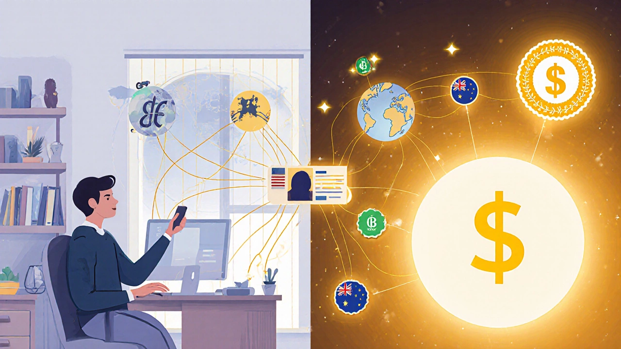 Дизайнер из региона соединяется с международными клиентами через светящиеся цифровые нити, символизирующие рост дохода.