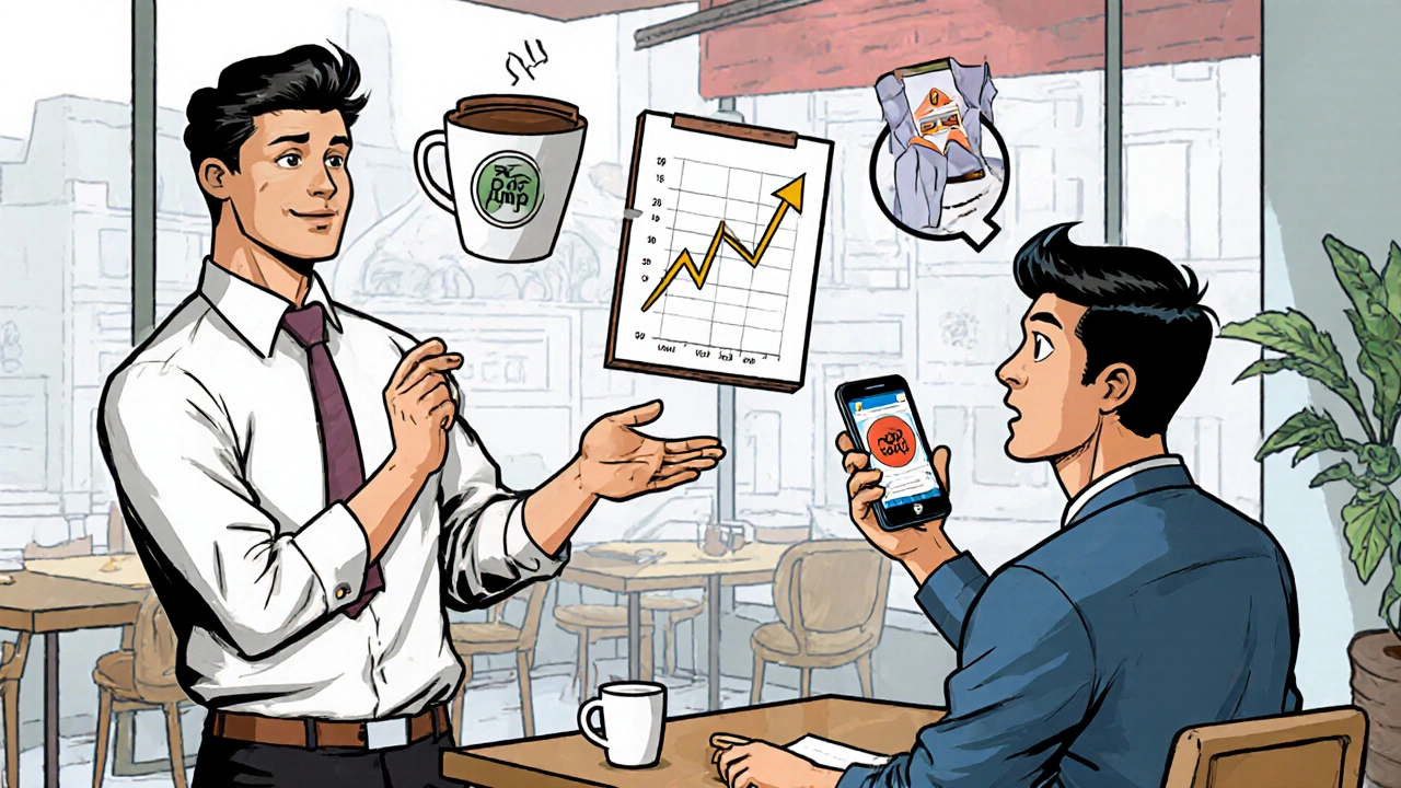 Дизайнер представляет клиенту бренд-пакет в кафе, вокруг — визуальные символы роста продаж.