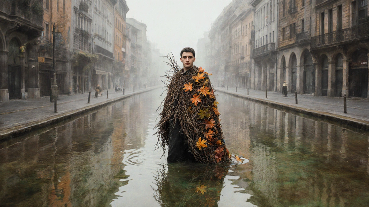 Гибридный стиль: человек в костюме из веток, город тает в водной глади.