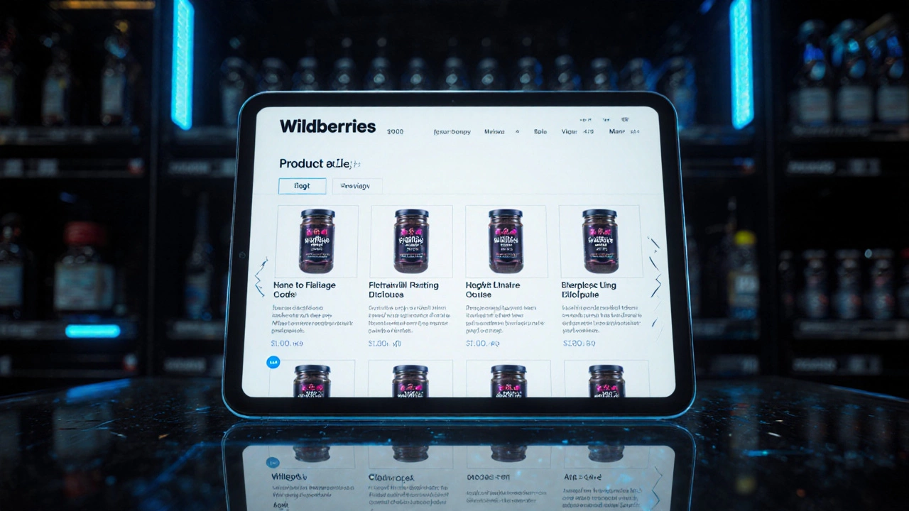 Карточка товара на Wildberries с четкой визуальной иерархией на экране планшета.