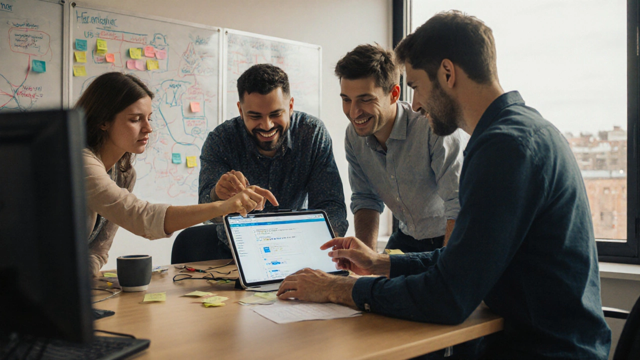 Команда в стартапе обсуждает прототип в Figma, разработчик копирует код с экрана.