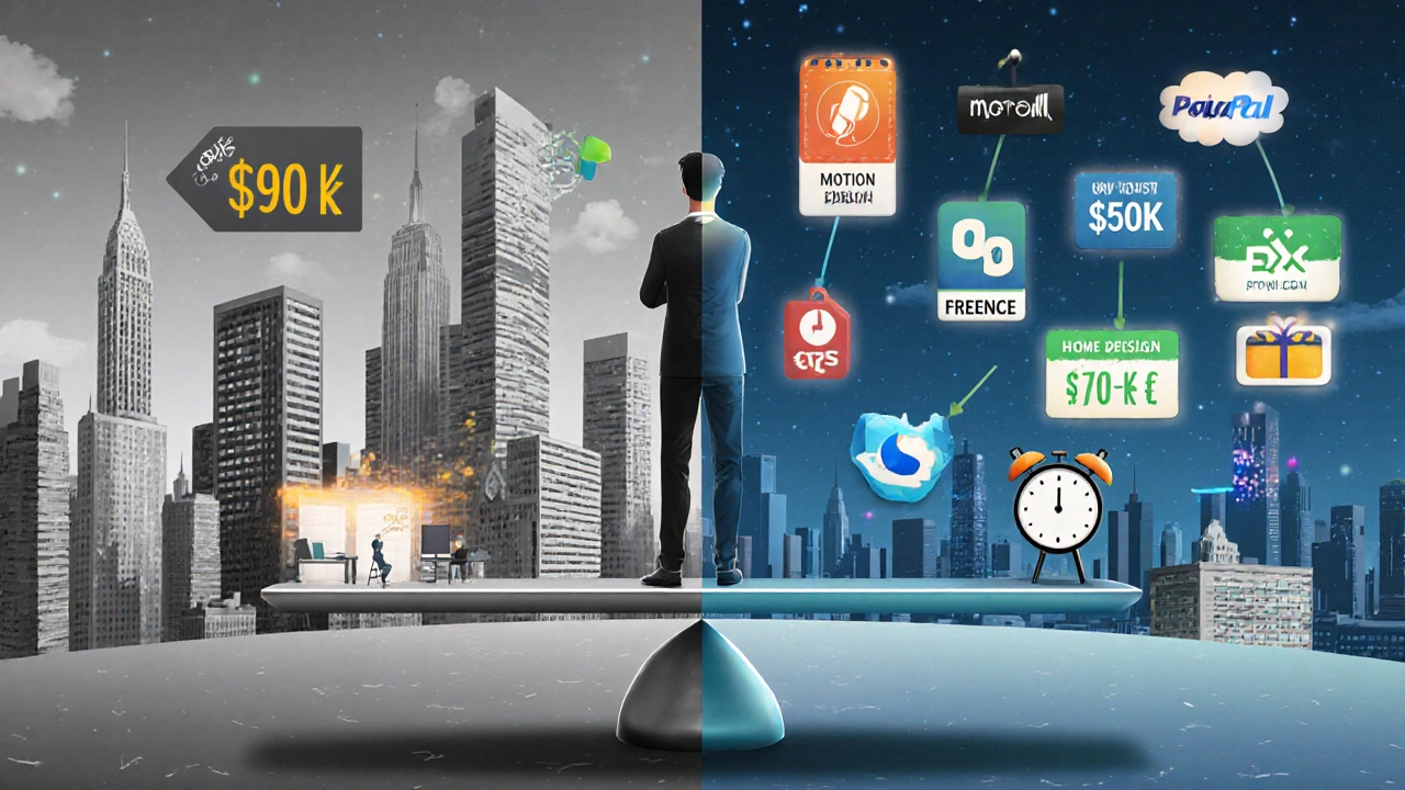 Концептуальная иллюстрация: дизайнер стоит между офисной зарплатой и фрилансом, символизируя разницу в доходах через навыки и клиентов.