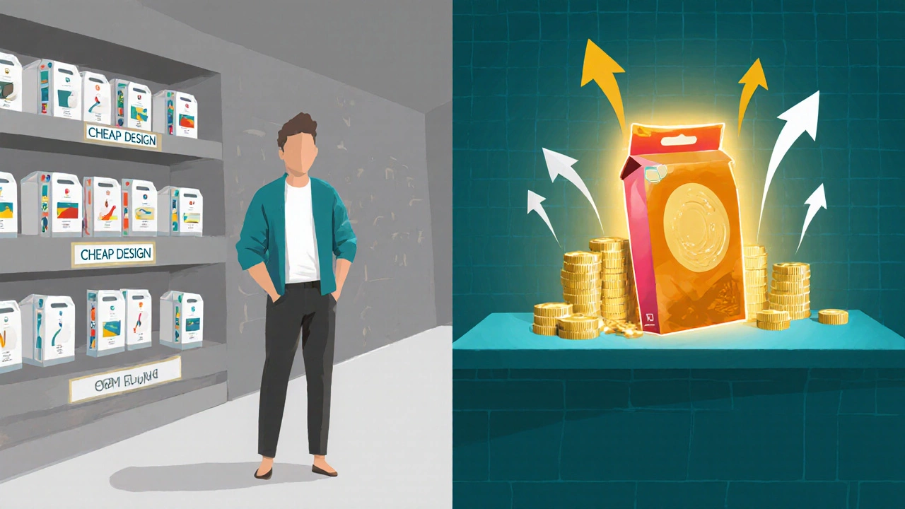 На полке с продуктами один пакет выделяется ярким дизайном, остальные — серые и одинаковые.