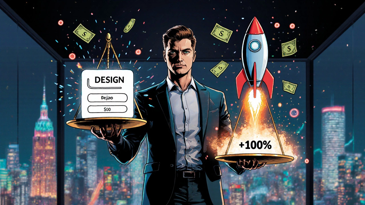 Опытный дизайнер держит весы: с одной стороны — дизайн, с другой — рост конверсии на 100%, вокруг — данные и деньги.