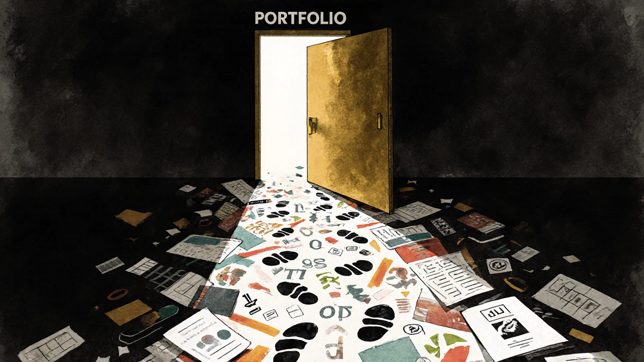 Путь дизайнера: от темной комнаты к свету через шаги с выполненными работами, ведущие к двери &#039;Портфолио&#039;.