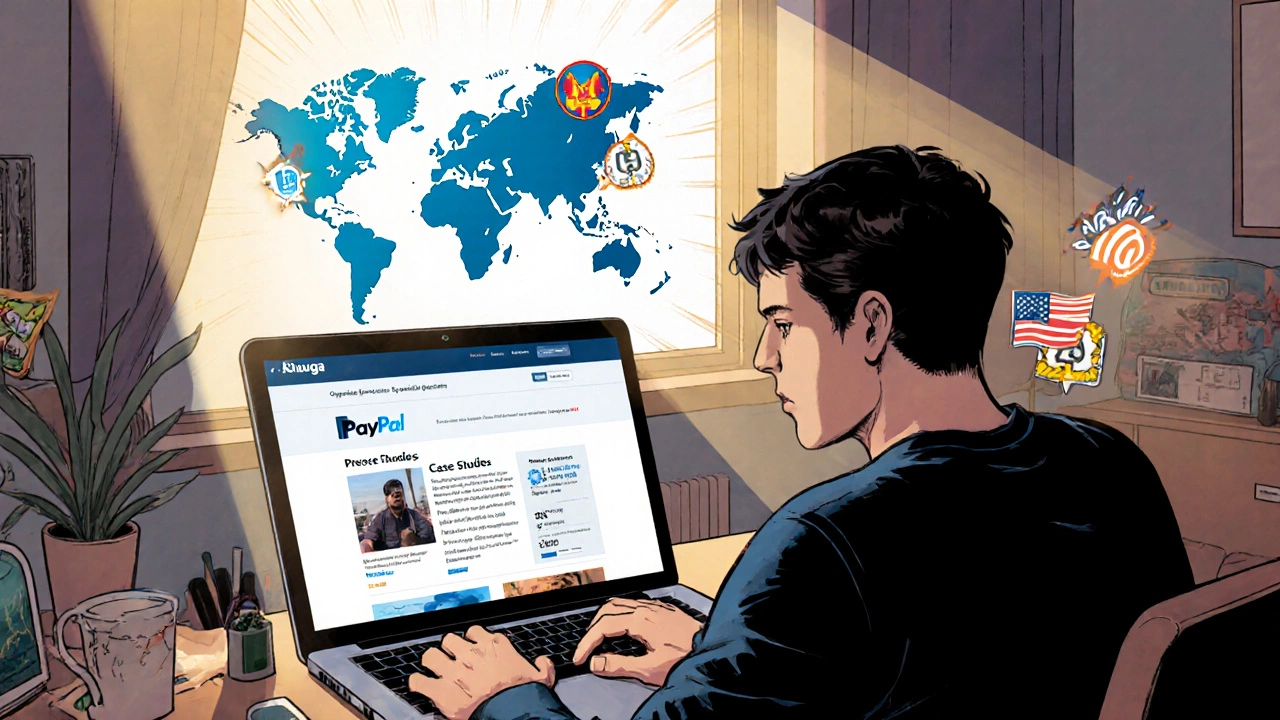 Российский дизайнер из Калуги работает удалённо, получая оплату через PayPal, на экране — кейсы с ростом конверсии и глобальная карта.