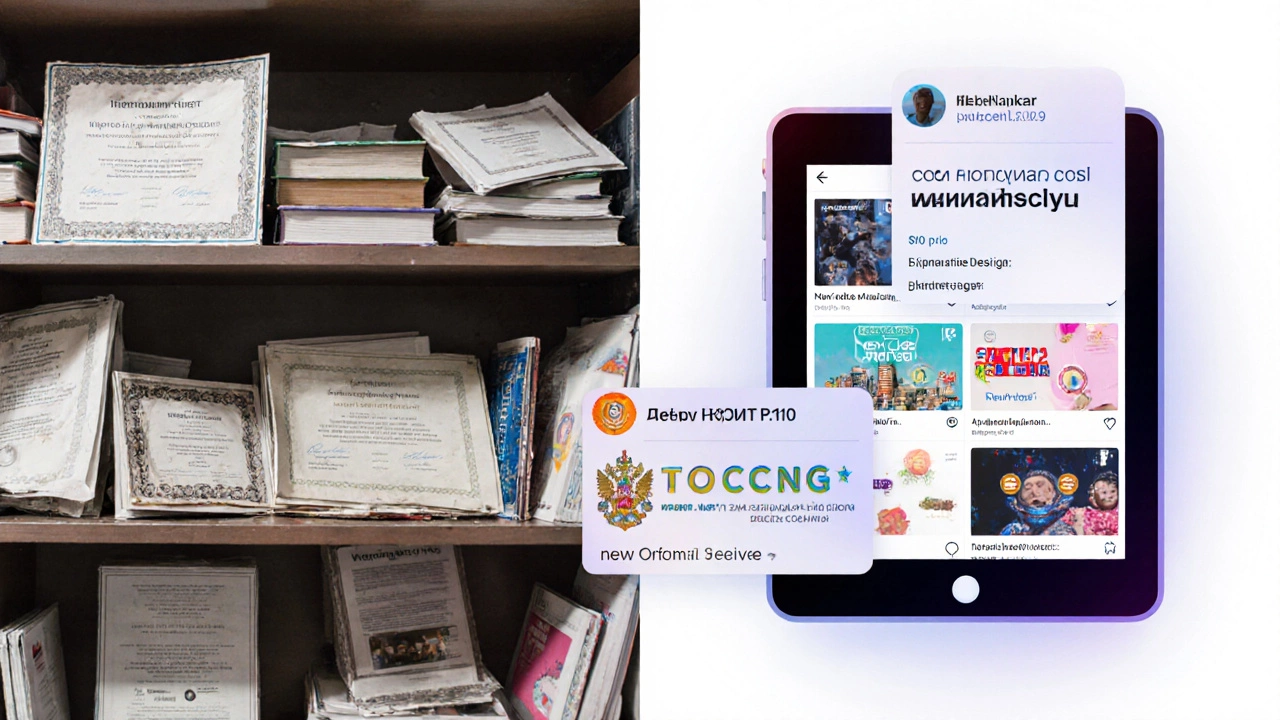 Сравнение: коробки с сертификатами в пыли и растущее портфолио дизайнов на планшете.