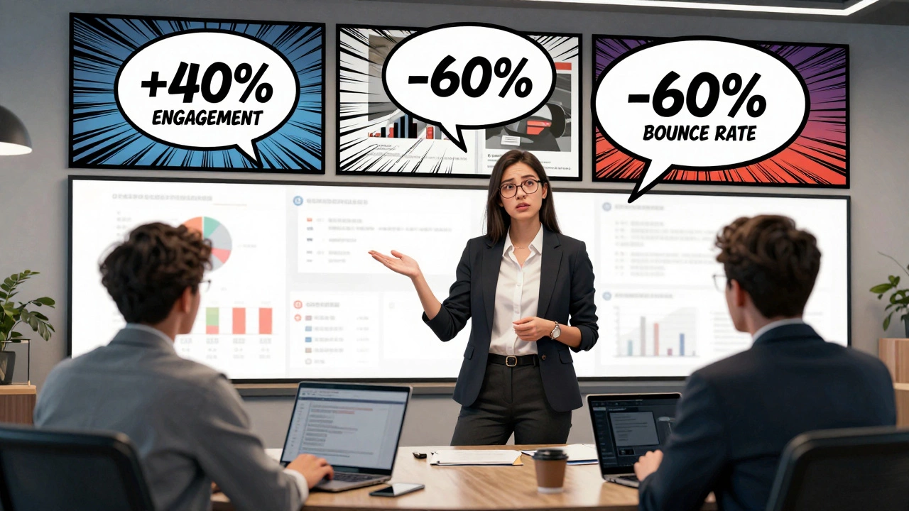 Дизайнер представляет клиенту результаты redesign с метриками роста.