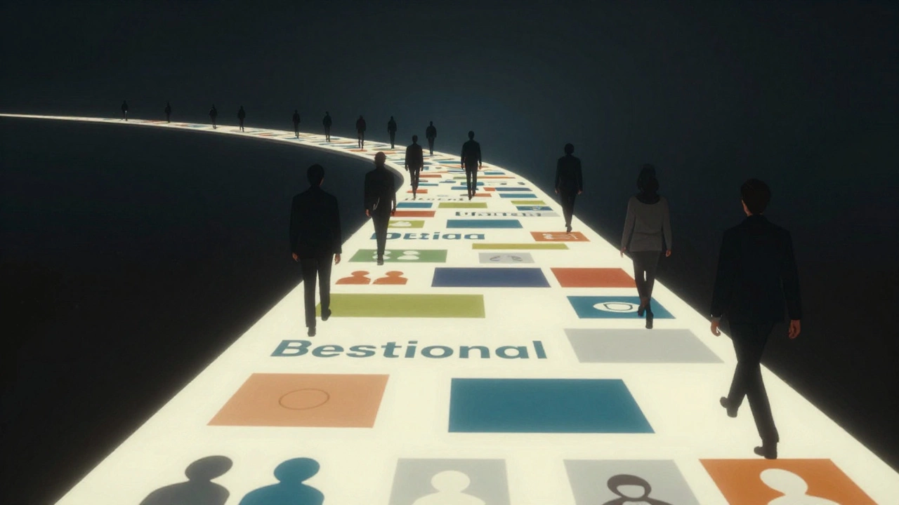 Дизайнер стоит на мосту из визуальных элементов, по которому идут люди, символизируя ответственность дизайна.