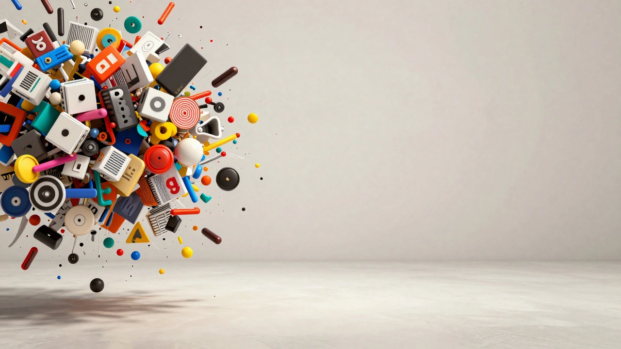 Контраст между хаотичным набором элементов дизайна и минималистичной композицией.