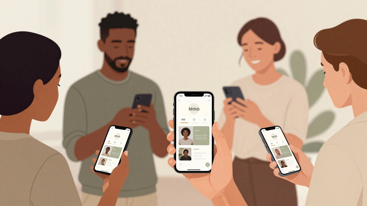 Реальные люди с телефонами, чьи фотографии интегрированы в единый дизайн бренда.
