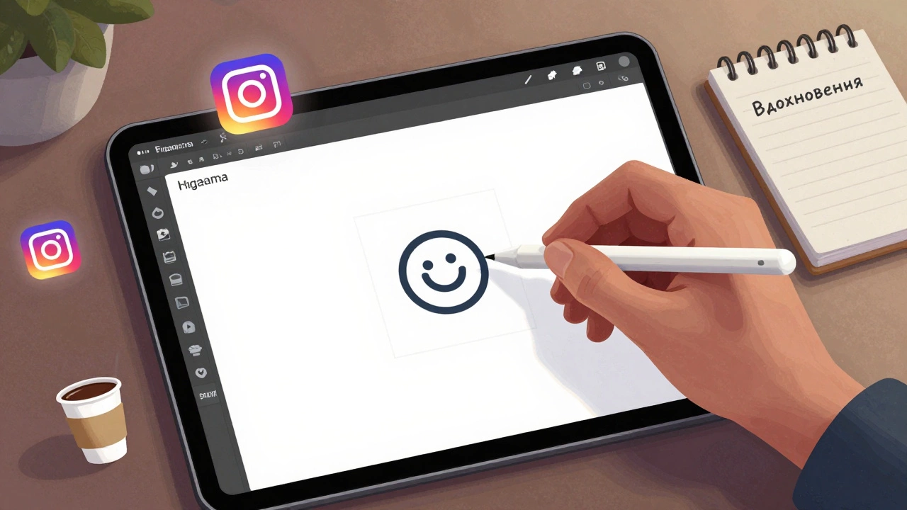 Рука рисует логотип в Figma, вокруг — символы вдохновения и соцсетей.