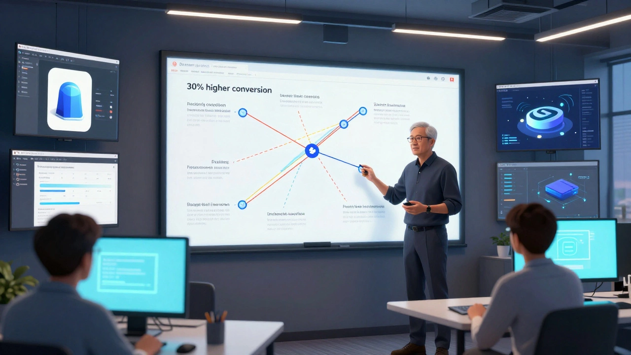 Сеньор-дизайнер представляет стратегию дизайна команде с графиками пользовательских метрик.