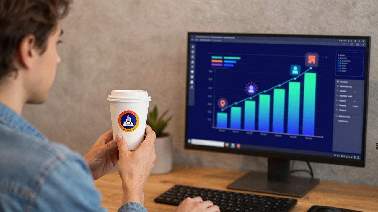 Сравнение до и после дизайна логотипа для кофейни: старая упаковка и новая с ростом продаж на графике.