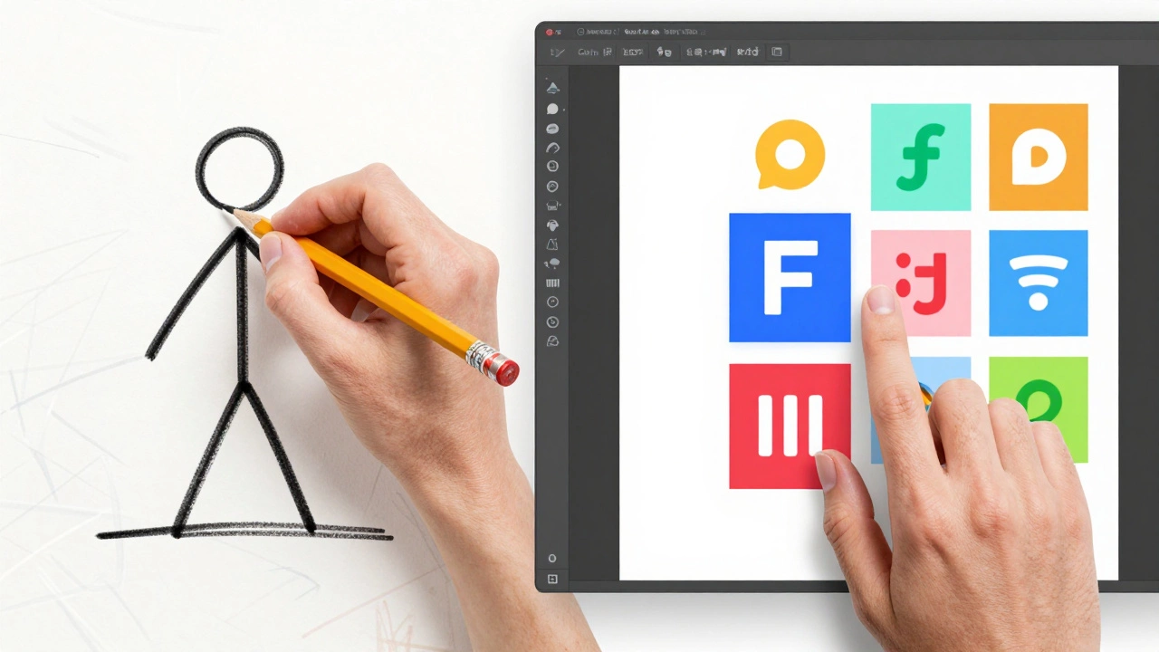 Сравнение: ручной эскиз слева и цифровая композиция справа — дизайн без рисования.