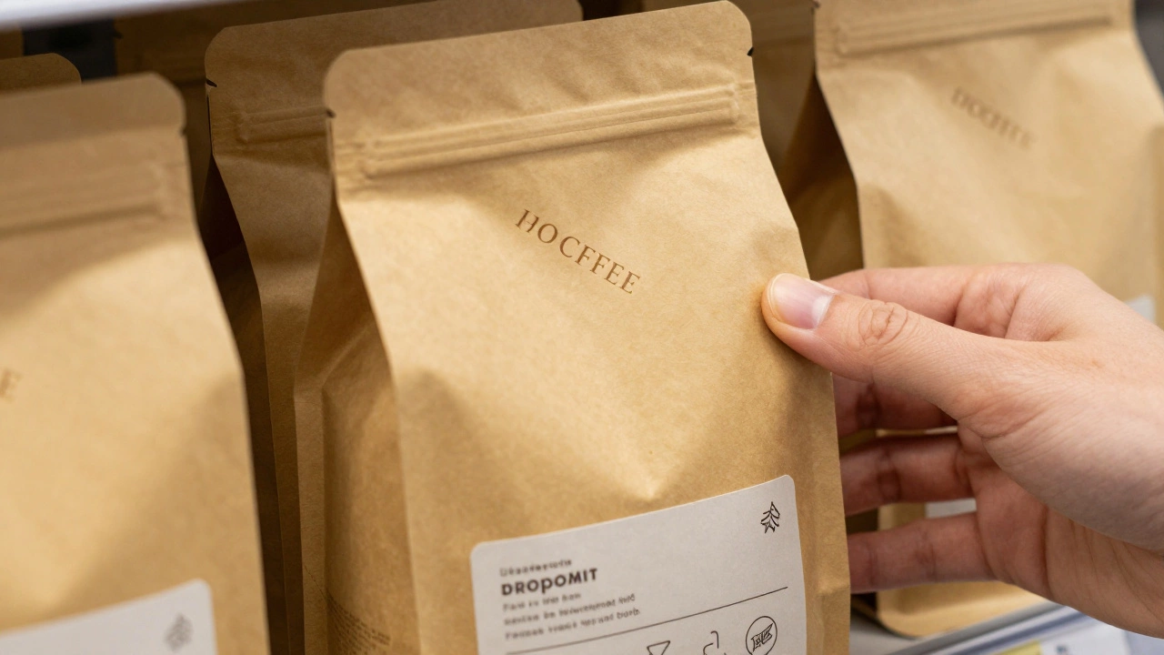 Упаковка кофе с простым шрифтом и теплыми цветами, без иллюстраций, на полке магазина.