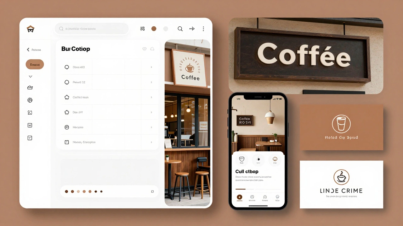 Дизайн в Figma, применённый к вывеске, приложению и визитке.