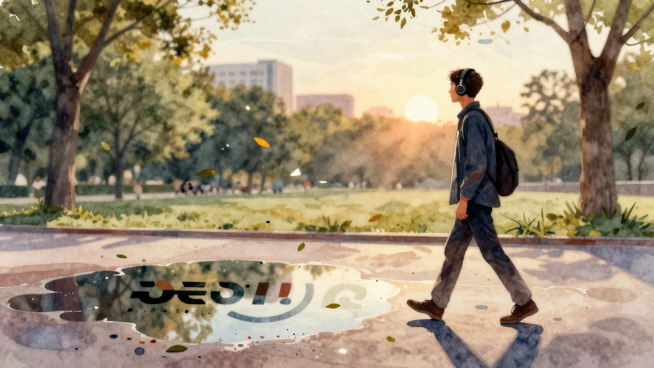 Дизайнер гуляет в парке, и в луже отражается его дизайн-идея, как будто творчество повсюду.