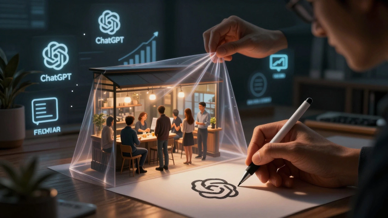 Дизайнер как стратег: его работа превращает логотип в рост продаж кафе, с тонкими силуэтами ИИ-инструментов на заднем плане.