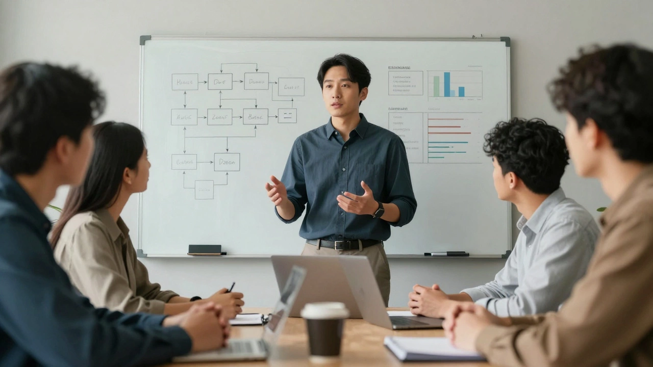 Дизайнер объясняет концепцию команде у белой доски с диаграммами.