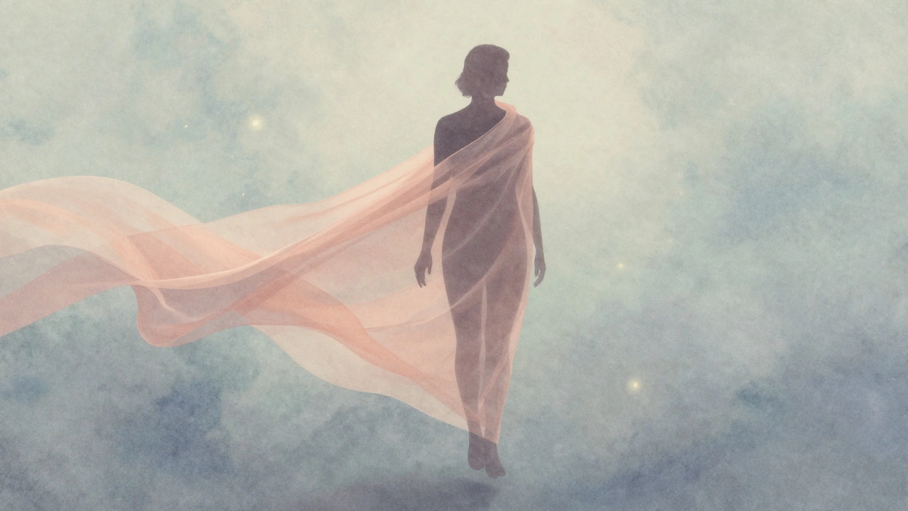 Фигура человека, окутанная тканью из приглушенных теплых оттенков, в спокойной атмосфере.