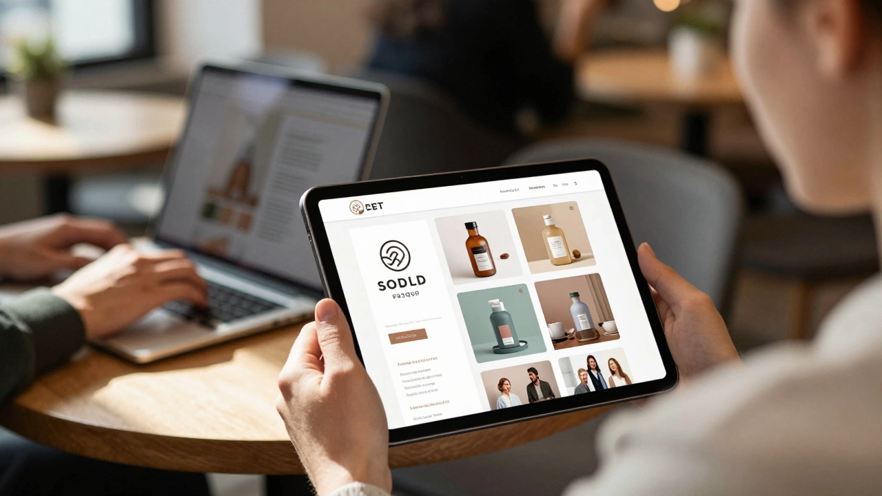 Клиент смотрит на план брендинга на планшете, дизайнер за соседним столом работает за ноутбуком — акцент на качестве работы.