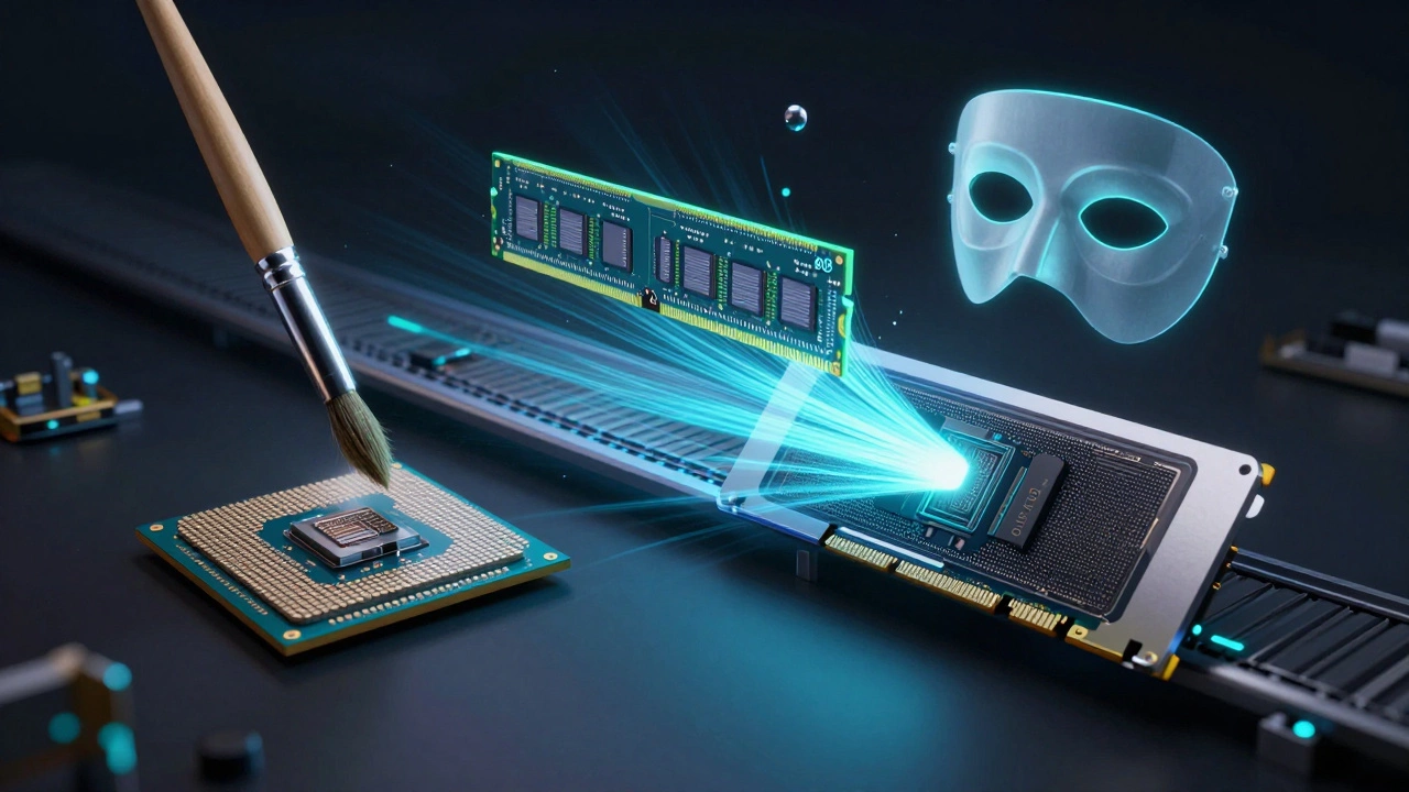 Концептуальное изображение внутренних компонентов компьютера, превращающихся в инструменты для графического дизайна.