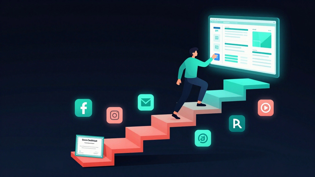 Лестница из дизайнерских элементов ведёт от сертификата к профессиональной панели, символизируя путь от курсов к карьере.