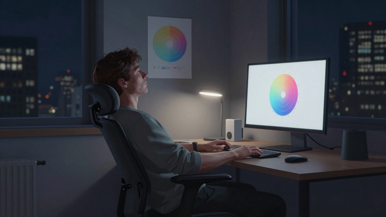 Ночной рабочий стол с монитором, лампой и зарядным устройством, атмосфера спокойной творческой усталости.