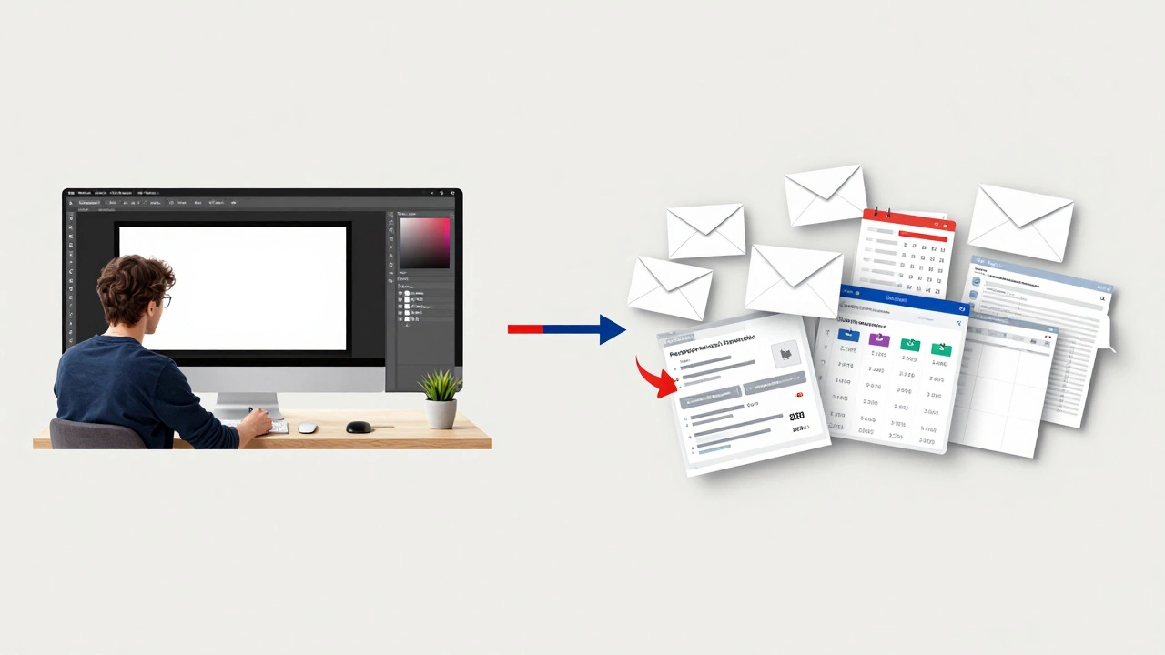 Разделённый день дизайнера: творчество слева, административная суета справа.