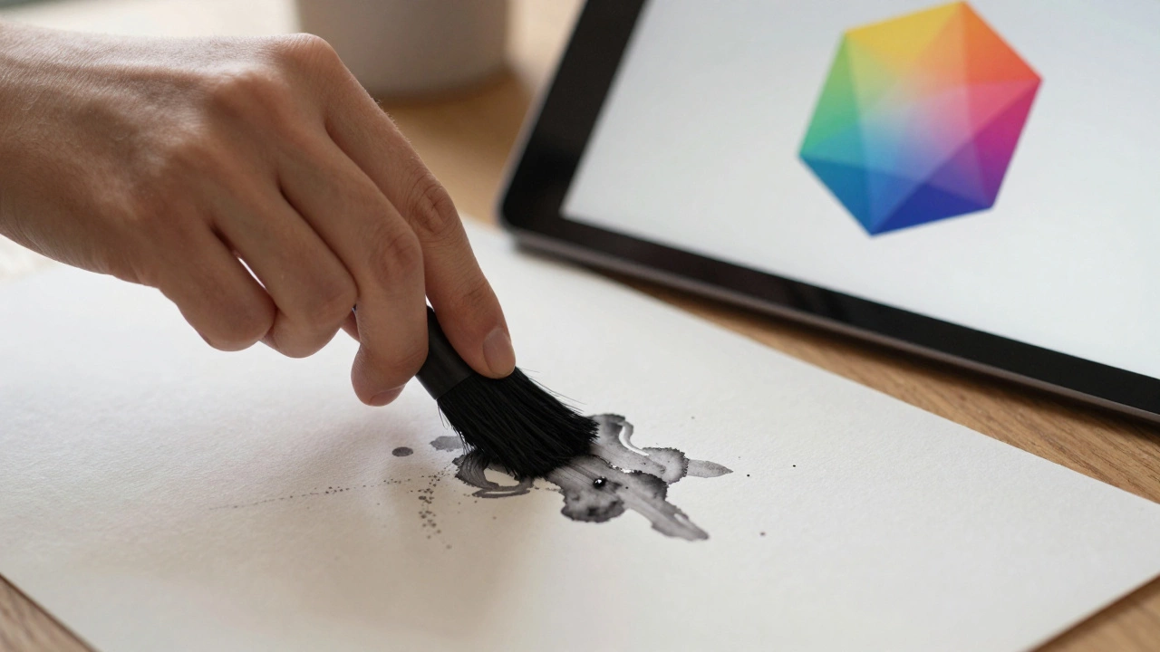 Рука дизайнера рисует чернилами на текстурированной бумаге рядом с планшетом.