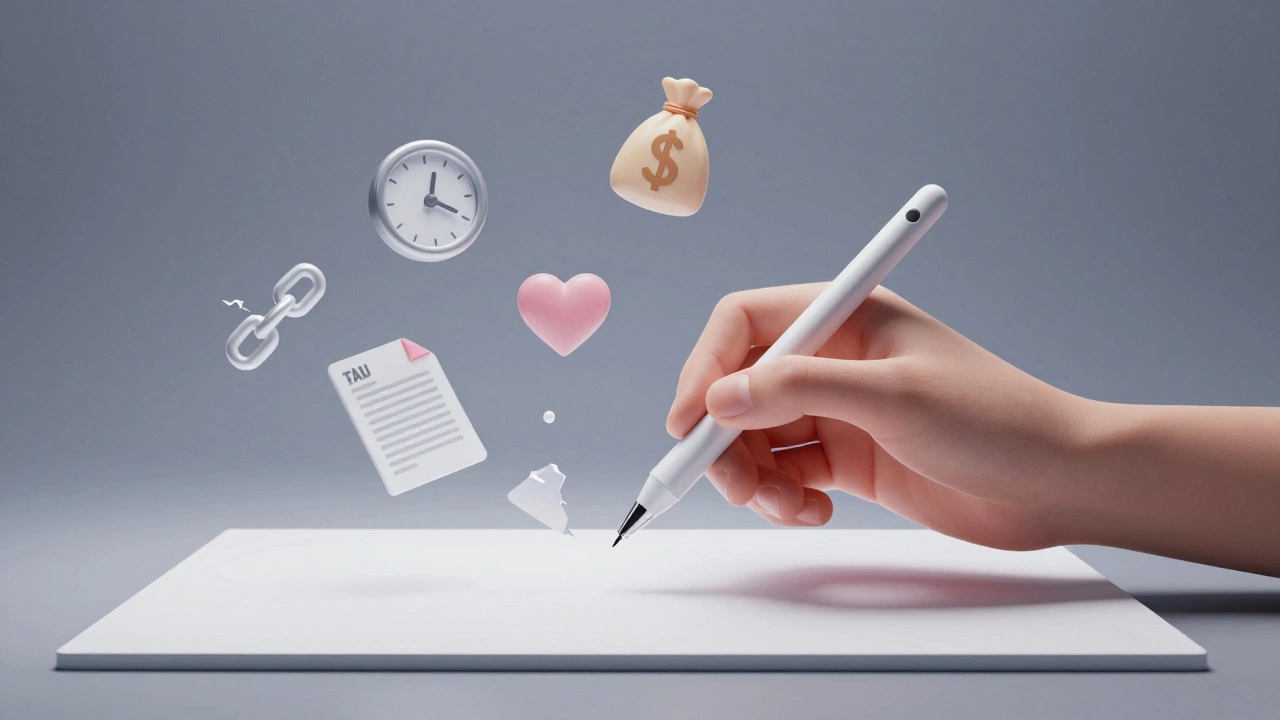 Рука с кистью над пустым холстом, вокруг — символы времени, денег, контракта и страсти в воздухе.