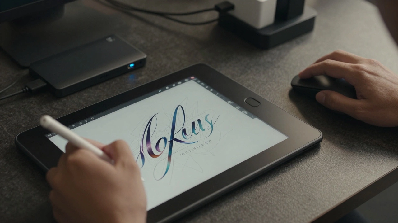 Руки дизайнера рисуют стилусом на планшете и управляют мышью с высокой точностью.