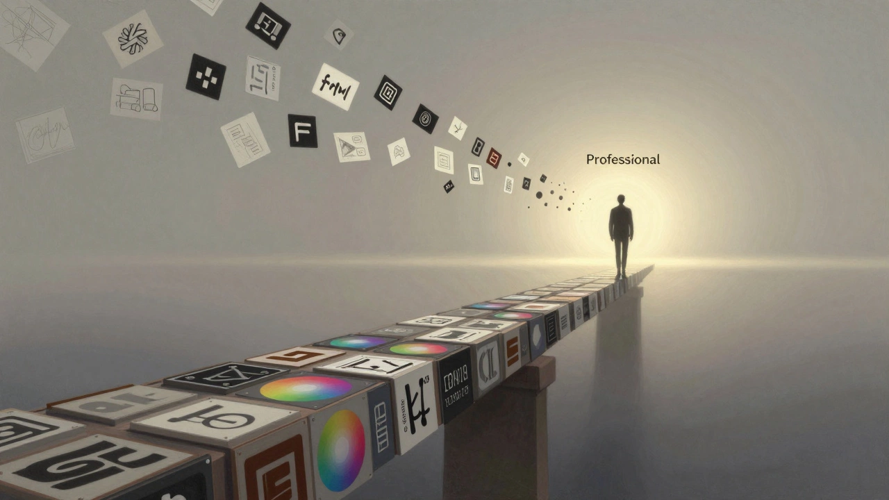 Символический образ дизайнера, идущего по мосту из инструментов к свету, позади — оставленные ошибки.