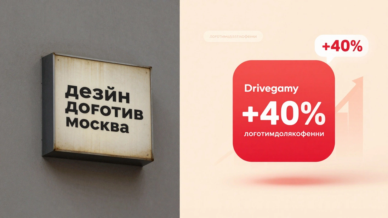 Сравнение старого и нового логотипа аптеки с ростом продаж и хэштегами на фоне.