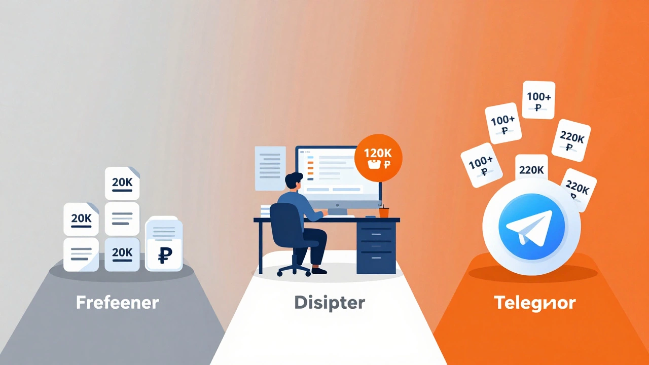 Три пути заработка дизайнера: фриланс, работа в агентстве и продажа шаблонов, изображённые в стиле плоской иллюстрации.